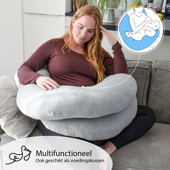 EL Life Umstandskissen - XXL - C-Form - Stillkissen - Seidenschlafkissen - Körperkissen - abnehmbarer Jersey-Baumwollbezug - 150x70cm - Hellgrau