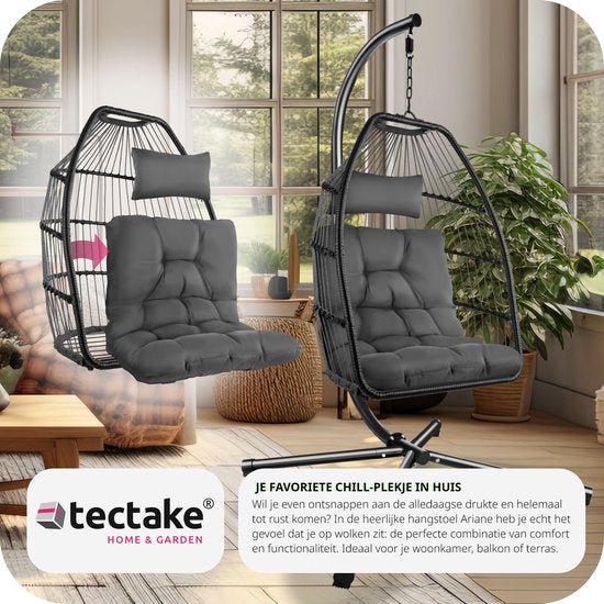 tectake - Luxuriöser Hängesessel - klappbarer und drehbarer Eiersessel mit Ständer - dicke Kissen - rutschfeste Füße - Schutzhülle inklusive. Ideal für Garten, Terrasse, Schlafzimmer - dunkelgrau