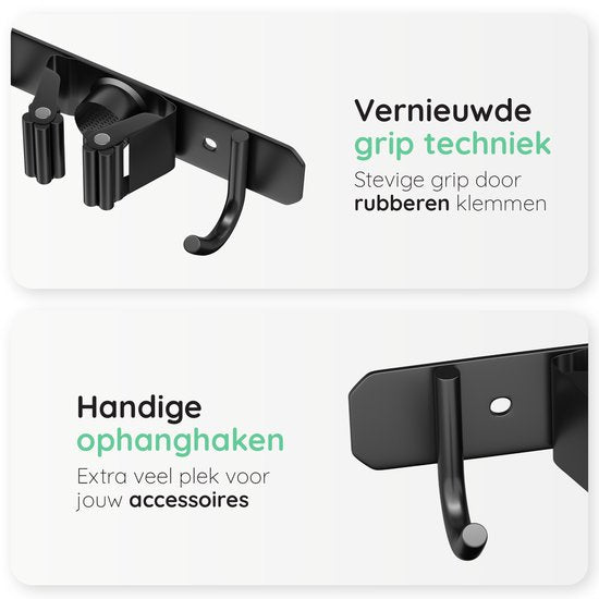 Volcan Besenhalter - Besen Aufhängesystem Gartengeräte - Werkzeughalter - 3M Band - 5 Halter 6 Haken - Edelstahl Schwarz