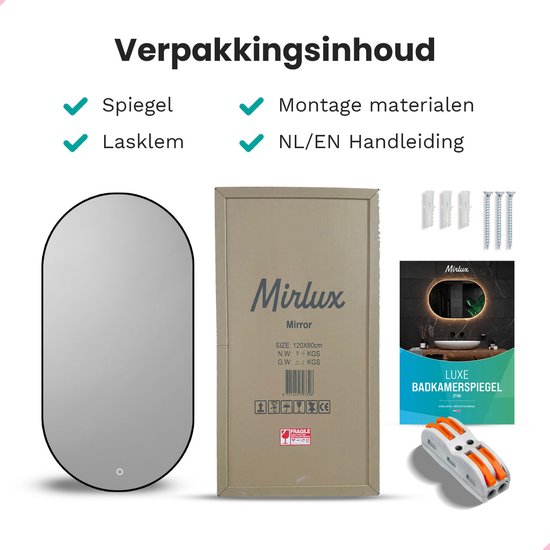 Mirlux Badezimmerspiegel - Mit LED-Beleuchtung & Heizung - Oval - 120x60CM - Schwarzer Rahmen