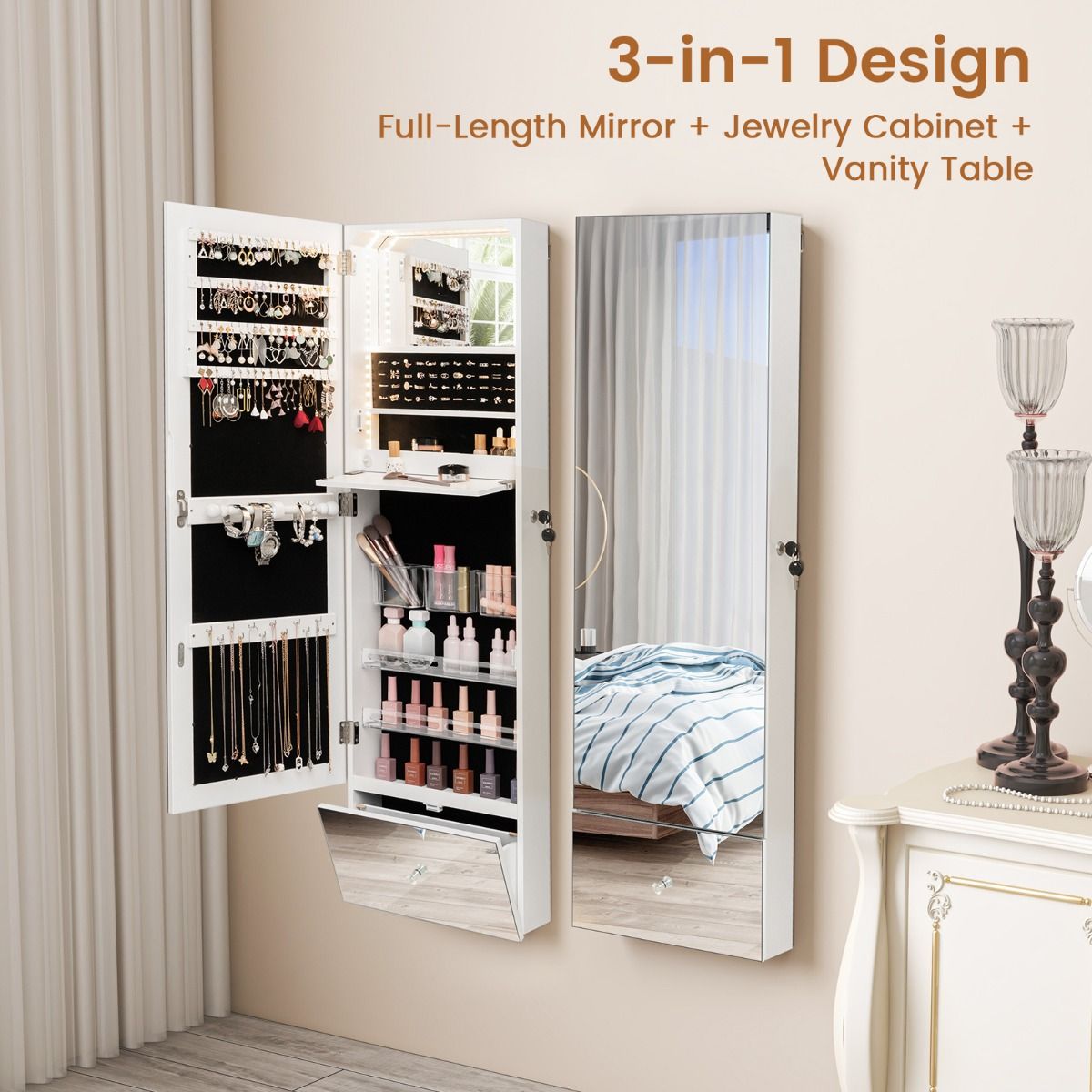 Coast Schmuckschrank - mit Spiegel - LED-Beleuchtung - 120 x 37 x 11 cm - Weiß