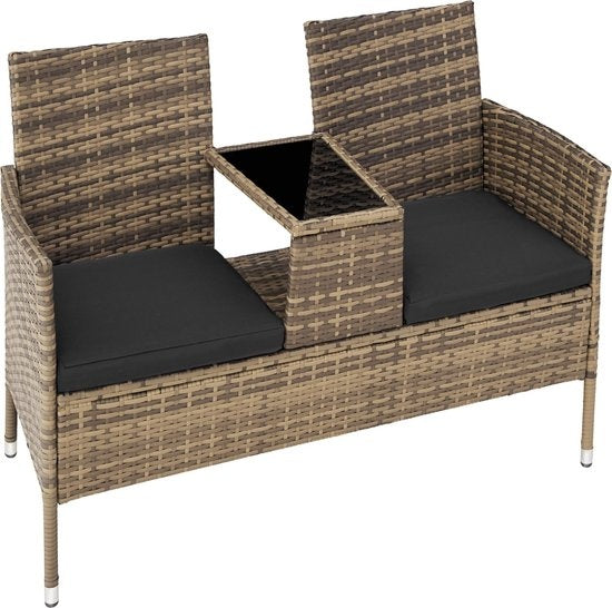 tectake - Geflecht-Gartenbank mit Tisch, 2-Sitzer-Bank, 131 x 61 x 82 cm, Gartenbank für Balkon und Terrasse, Gartenbank inklusive Sitzkissen - natur/dunkelgrau - Poly-Rattan