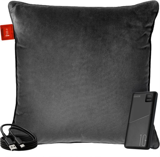 Coozie Wiederaufladbares Wärmekissen - Kabellos & verkabelt - 45-65°C - Samt - 45 x 45 cm - Inkl. Powerbank - Bis zu 8 Stunden Wärme - Anthrazitgrau