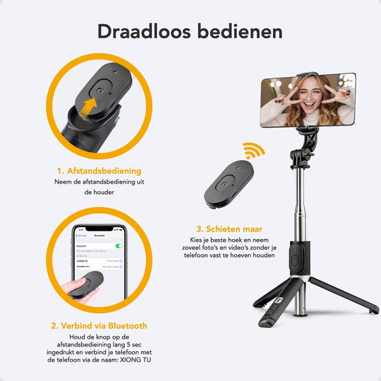 Studio ME Selfie Stick - Universal - Stativ - 100 cm - 360° Drehung - Mit Bluetooth-Fernbedienung