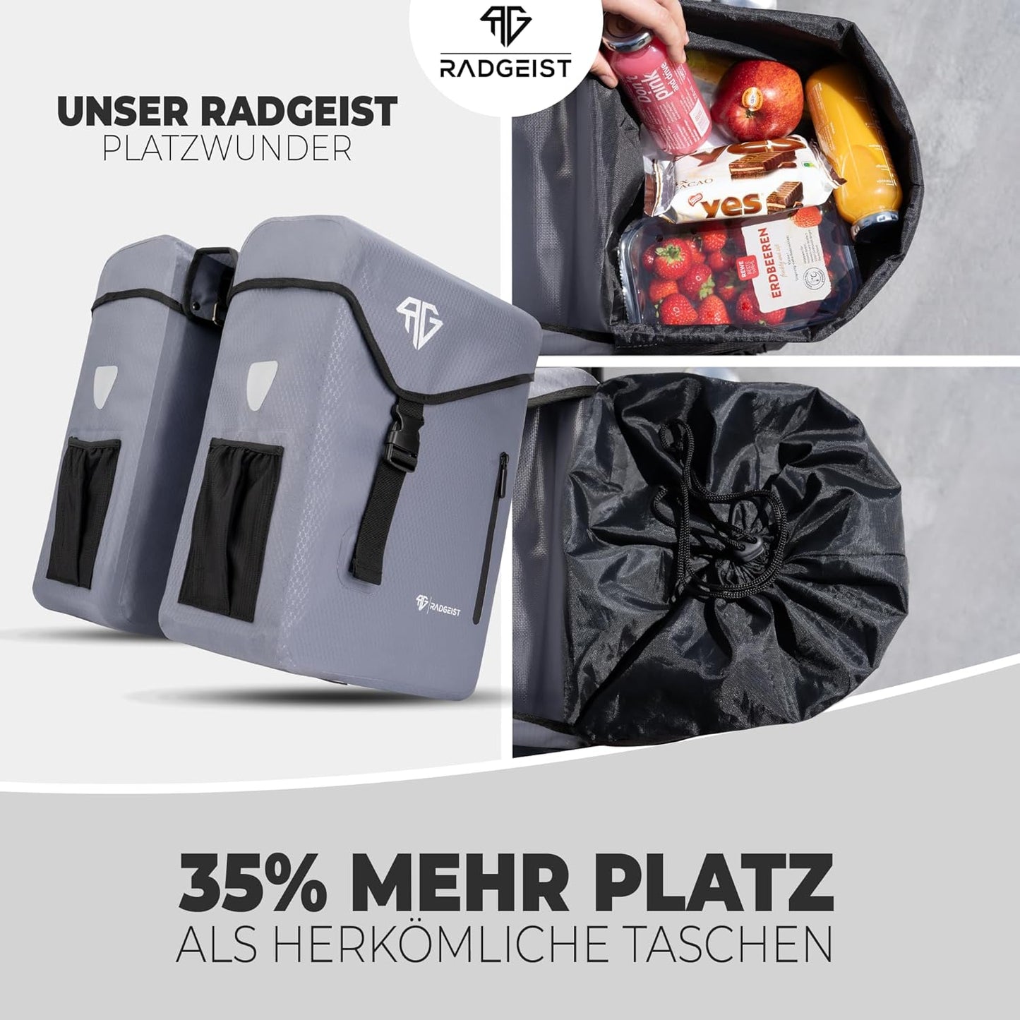 RADGEIST Fahrradtasche für Gepäckträger 100% wasserdicht I Doppelte Fahrradtasche 50 Liter - Doppelte Fahrradtasche mit einfachem Verschluss (grau)