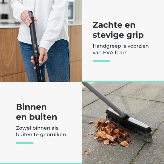 CLEANLY Besen Indoor und Outdoor mit Teleskopstiel 115-142 cm - Besen mit Stiel - Straßenbesen - Raumbesen - Raumkehrer - Weicher Besen - Innenbesen - Breite 35 cm - Schwarz, Grau