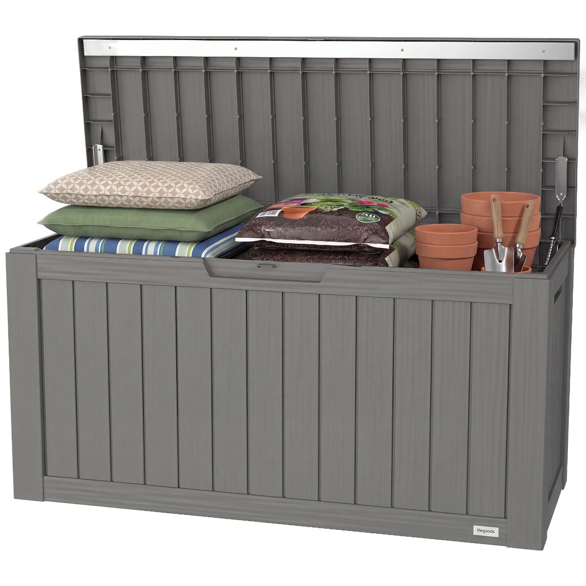 LifeGoods Cushion Box S Storage Box - 117.5 x 47.5 x 59 cm - 300L Kapazität - Luxus-Gasfeder und verstärktem Rahmen - Für Garten und Terrasse - Grau Kunststoff
