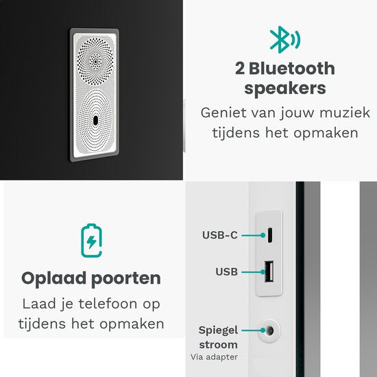 Mirlux Hollywood Mirror 80x60CM - 2 Bluetooth-Lautsprecher - USB & USB-C Ladeanschlüsse - LED-Beleuchtung - Schminkspiegel - 10x Zoom - Aufhängbar - Weiß