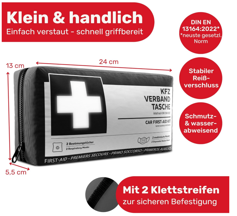 HELDENWERK - Auto-Verbandstasche & Erste-Hilfe-Set - DIN 13164:2022 Standard - Schwarzes wasserabweisendes Nylon - Inklusive Atemtücher & Masken - Für Auto & Motorrad - Kompakt & Sicher