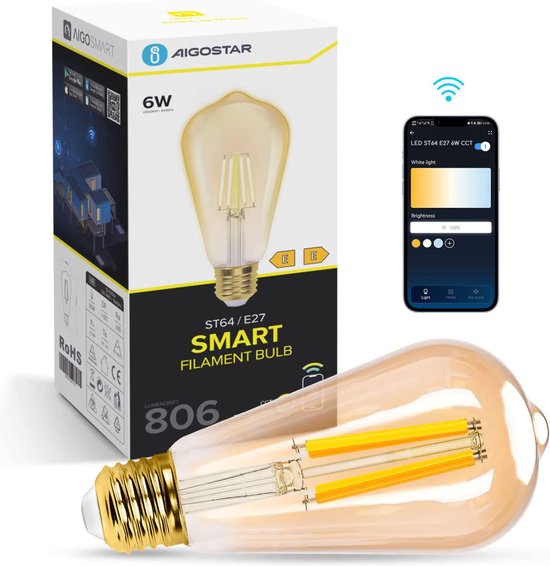 Aigostar 10YIE – ST64 – Intelligente Beleuchtung – Leuchtmittel E27 – Ø 6,4 cm – Steuerung per App – Dimmbar – Smart Bulb – 6 W