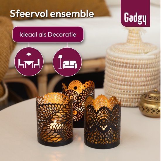 Gadgy Teelichthalter Rund - Teelichthalter 3er Set Dekoration Wohnzimmer - Stimmungsvolle Beleuchtung Innenräume - Kerzenhalter für Teelichter 8,5x10,5 cm - Windlicht Metall - Schwarz/Gold - Geschenk für Frau - Spitzenmuster