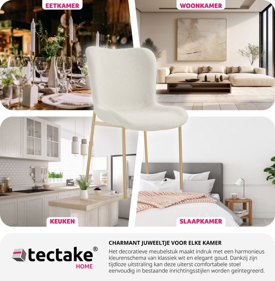 tectake - Polsterstuhl - Bouclé-Schalensitz für die Küche - Sessel für den Frisiertisch - Eleganter Ess- oder Wohnzimmersessel - weiß/gold - Div. Farben