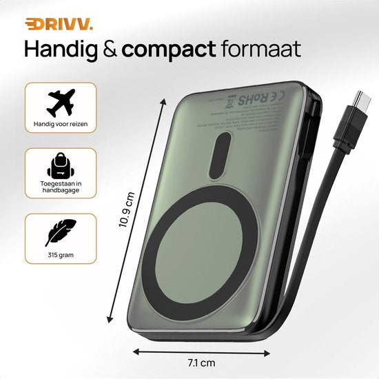 Powerbank 10.000 mAh, MagSafe-kompatibel, mit USB-C-Kabel – 3-in-1-Design – 22,5 W kabellose Powerbank – inklusive 60-W-Ladekabel – Schnellladefunktion – USB & USB-C – Schwarz –