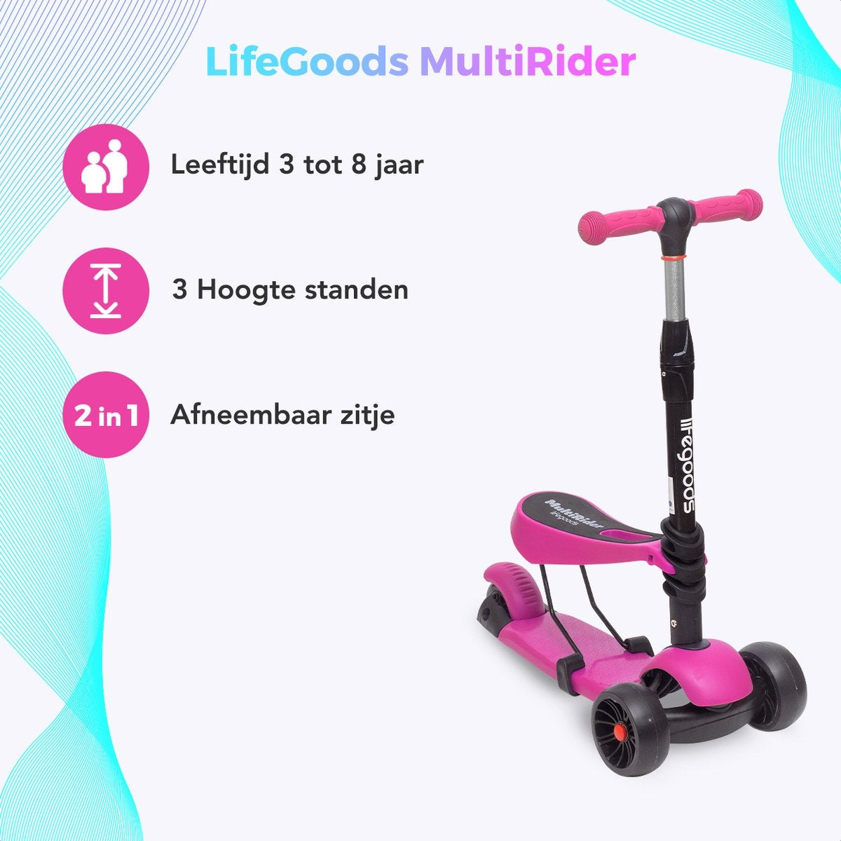 LifeGoods MultiRider Kinder-Roller - Stufe 3-8 Jahre - verstellbarer Sitz - leuchtende Räder - Jungen/Mädchen - Pink