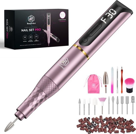 Beeperfect® Cordless Electric Nail File Pro Edition - Nagelfräse - Maniküre- und Pediküre-Set - wiederaufladbar - 11 Bits und 60 Schleifrollen - 30.000 U/min - Pink