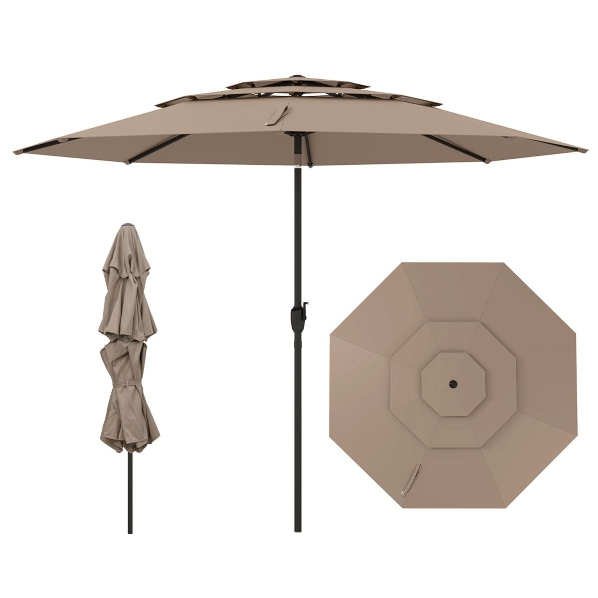 Coast Hellbrauner Tisch-Sonnenschirm 300 cm - 3-lagiger Sonnenschirm mit Kippmechanismus und Handkurbel - Garten-Sonnenschirm mit 8 Rippen und belüftetem Schirmdach