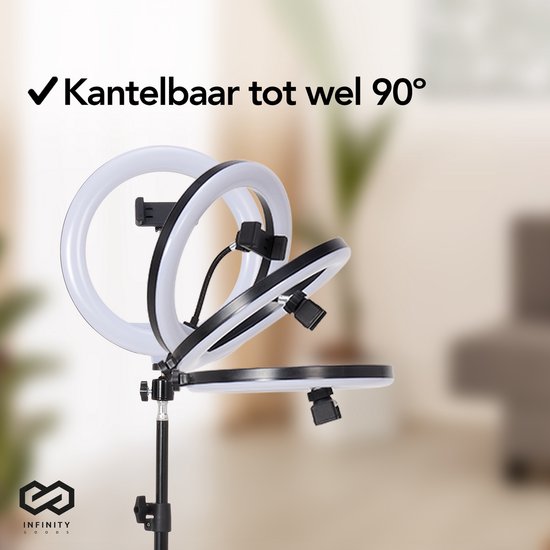 Infinity Goods Ringlicht mit Stativ - LED - 3 Farben - Verstellbares Stativ bis zu 186m - Inklusive Stecker - Selfie Ringlicht für Tiktok / Instagram / Youtube / Streaming / Arbeiten zu Hause - Schwarz