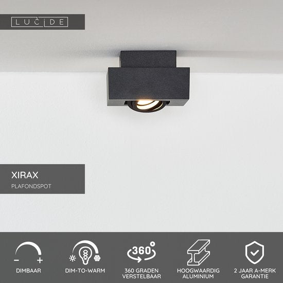 Lucide XIRAX – Deckenstrahler (Deckenleuchte) – LED „Dim to warm“ – GU10 – 1×5 W 2200 K/3000 K – Schwarz