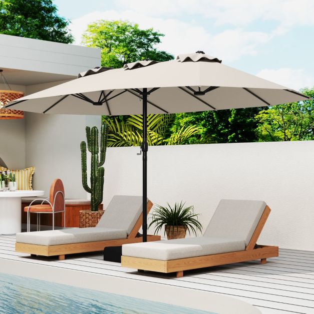 Coast Doppel-Terrassenschirm 470 × 285 cm mit Fuß – Großer rechteckiger Sonnenschirm mit Kurbel, 12 Metallstreben und Sandsäcken – für Garten und Terrasse