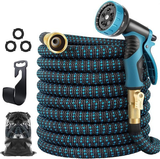 Strex - Gartenschlauch - 30m - mit Sprinklerkopf - inkl. Kupplungen, Aufhängehaken & Aufbewahrungstasche - Schwarz/Blau