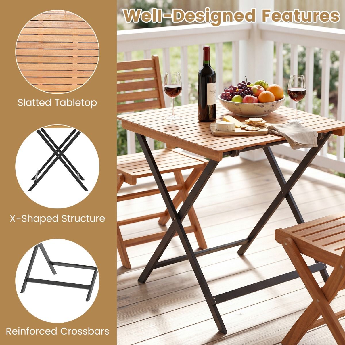 Coast Klappbarer Beistelltisch – X-förmiges Gestell – Akazienholz – Natur und Schwarz – 70 x 70 x 73 cm