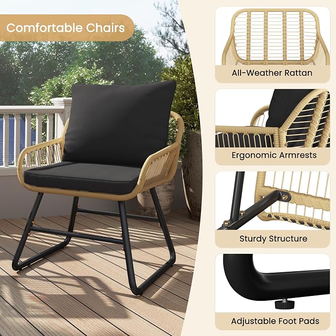 Yaheetech 3-teiliges Bistro-Set für den Garten – Beige/Schwarz – Rattan-Gartenset mit Glastisch und 2 Stühlen