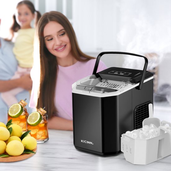 Kicinn Eiswürfelmaschine - Eiswürfelmaschine - Eiswürfelbereiter - Eisportionierer - 12kg/24h - Selbstreinigungsfunktion - Schwarz