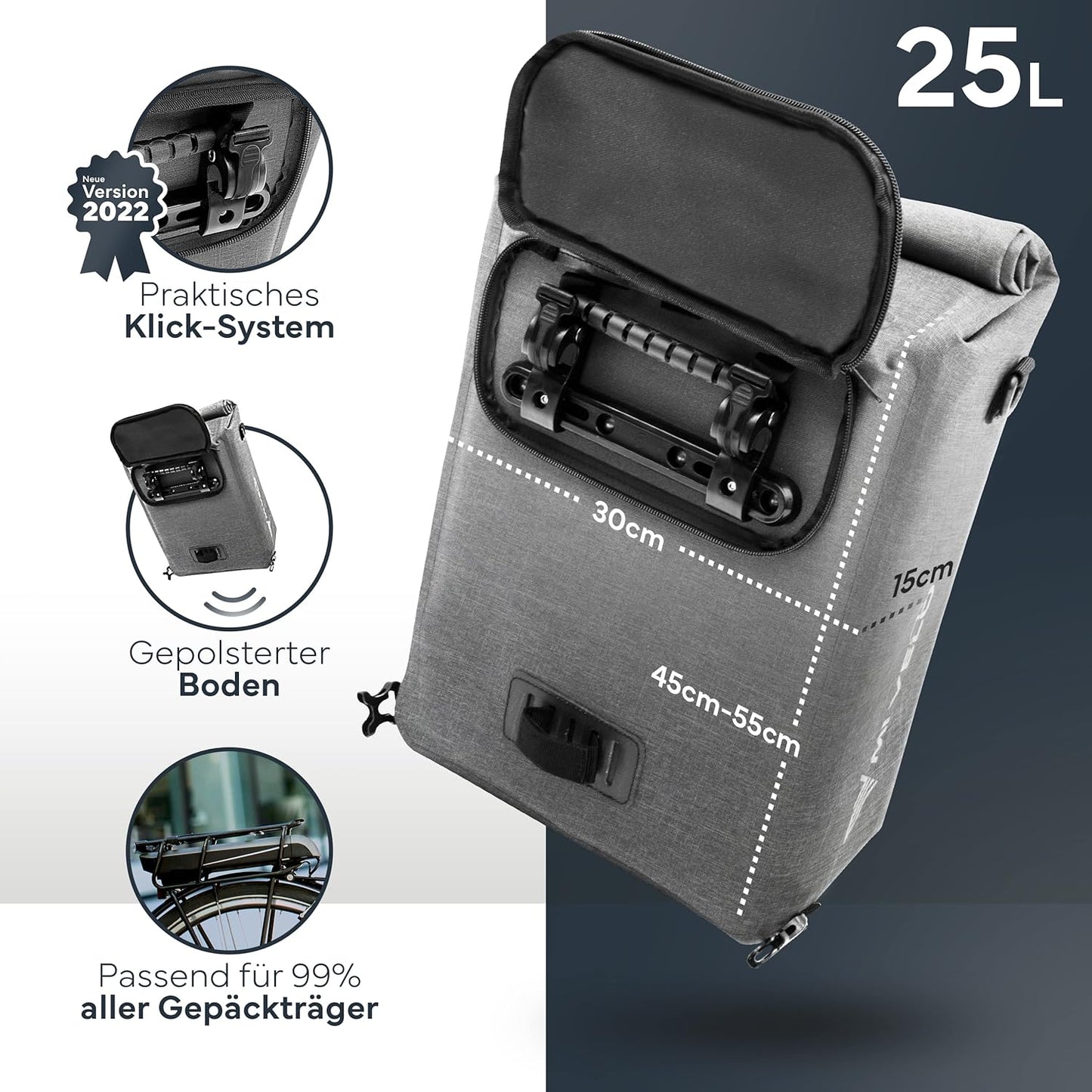 MIVELO 3-in-1 wasserdichte Packtasche für Gepäckträger - PVC-frei - Grau - 25 L