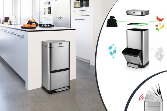 Umuzi Cleaning - Silberner Mülleimer - Mit Sensor und Pedal - 4 Fächer - Einfache Mülltrennung - Edelstahl - 70 Liter - Recycle - 42 x 30 x 80 cm