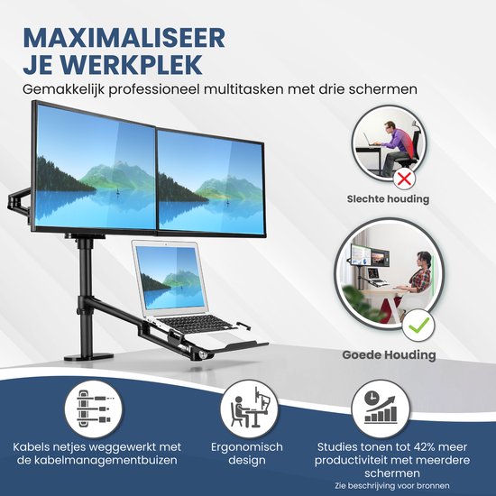 TTD - Monitorarm für 2 Monitore und 1 Laptop - Vollständig drehbar - Höhenverstellbar - Aluminium - Schwarz