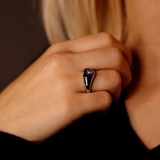 Laura Ferini Verstellbarer Damenring Lana Silber - Siegelring mit Herz und Zirkonia Kristall - Silber Damenschmuck - Wasserfester Edelstahl - Edelstahlschmuck - Accessoires