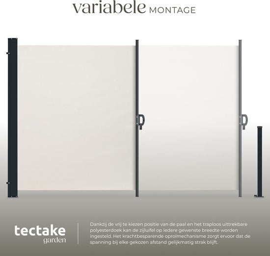 tectake® Ausziehbarer Windschutz mit Aufrollmechanismus – 300 x 180 cm – Seitenmarkise mit Aluminiumrahmen – Sonnenschutz – Gartenschutz – Beigefarbene Balkonmarkise – Undurchsichtiger Sichtschutz – Markisentuch