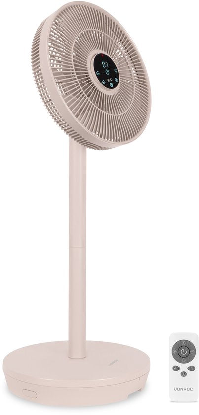VONROC BREEZE Kabelloser Ventilator – Flüsterleise (<44 dB) – 24 Geschwindigkeitsstufen – leicht und tragbar – 3 Windmodi: Natürlich, Schlaf, Normal – Modular: Tisch- und Standventilator – Luxuriöses Touch-Display – Inkl. Fernbedienung – Beige