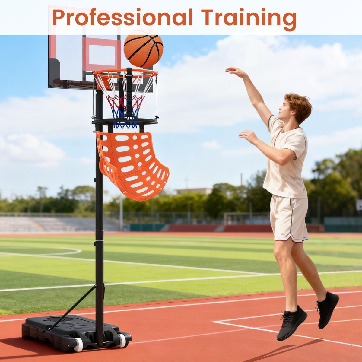 Coast Basketball-Rebounder – um 360 Grad drehbar – einstellbare Rückprallkraft – schwarz und orange