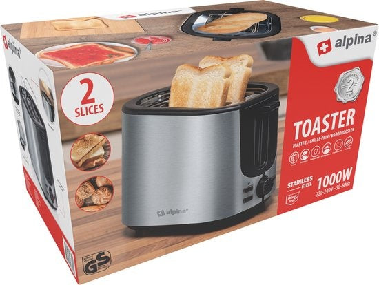 alpina Toaster - 7 Bräunungsstufen - Auftaufunktion - Rutschfeste Füße - Zwei Brotschlitze und Toastereinsatz - Farbe Silber