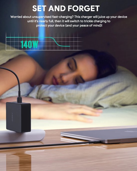 Aukey Omnia II Mix - Reisestecker mit EU-, US- und UK-Stecker - GaN-Ladegerät: Schneller und kompakter - 2x USB-C, 1x USB-A - 140W - Schwarz