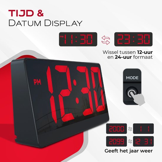 Caliber Digitaler Wecker – Digitale Wecker – Einstellbare Schlummerzeit – Wecker – Dimmbares Display – Digitale Uhr für das Schlafzimmer – USB-Ladegerät