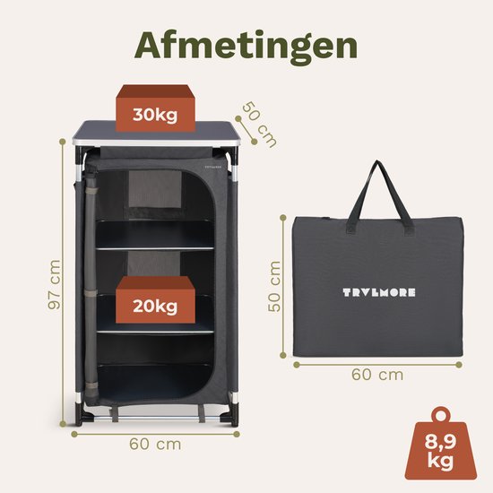 TRVLMORE Campingschrank XL - Campingküche - 90KG Tragkraft - Aluminiumrahmen - faltbar - Inkl. Tragetasche - 50x60x97CM - Grau