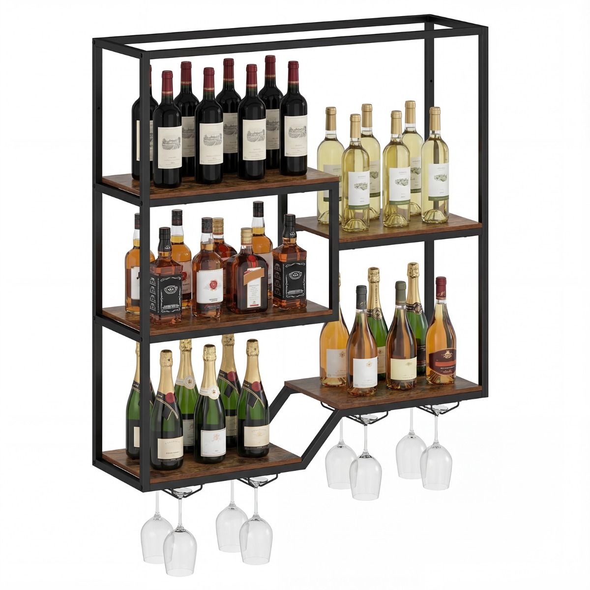 Coast Weinregal zur Wandmontage – 6 Ebenen – Flaschen- und Glashalter – braun und schwarz