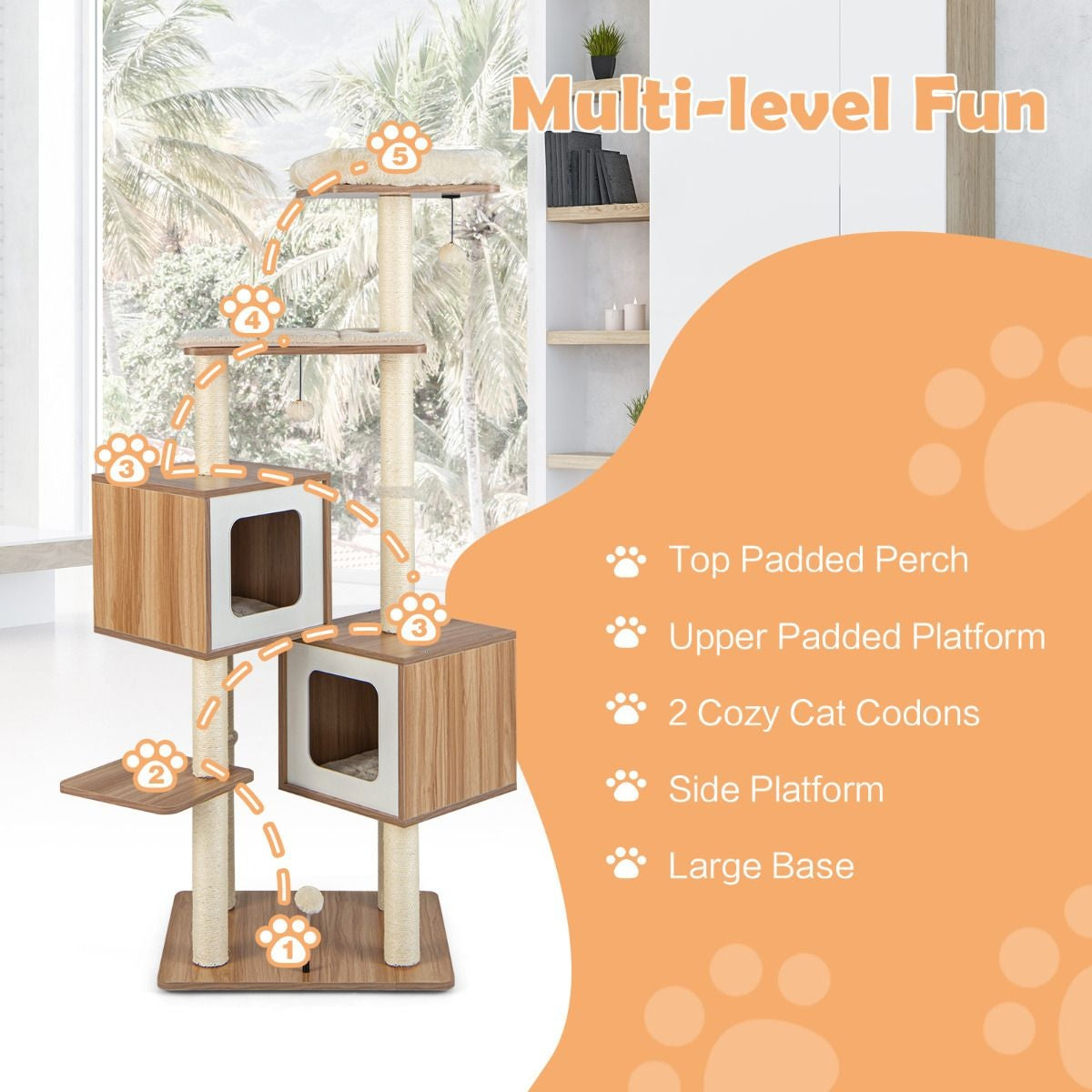 Kratzbaum Holz 163 cm 6 Etagen Großer Kratzbaum Kratzbaum Kletterbaum Beige + Natur