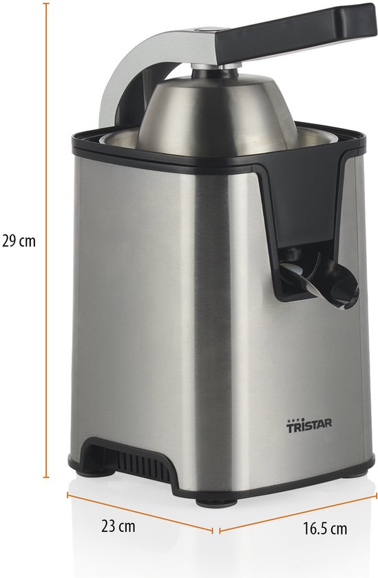 Tristar Elektrische Zitruspresse – CP-3009 – 350 W – inkl. 2 Presskegel, Fruchtfleischfilter, Tropfstopp, Presshebel – Edelstahl