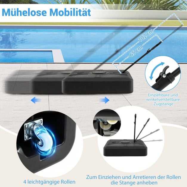 Coast Sonnenschirmständer 84 × 84 × 20 cm – Mobiler, befüllbarer Sonnenschirmständer für bis zu 150 kg mit 4 Rädern und ausziehbarer Zugstange – Schwarz