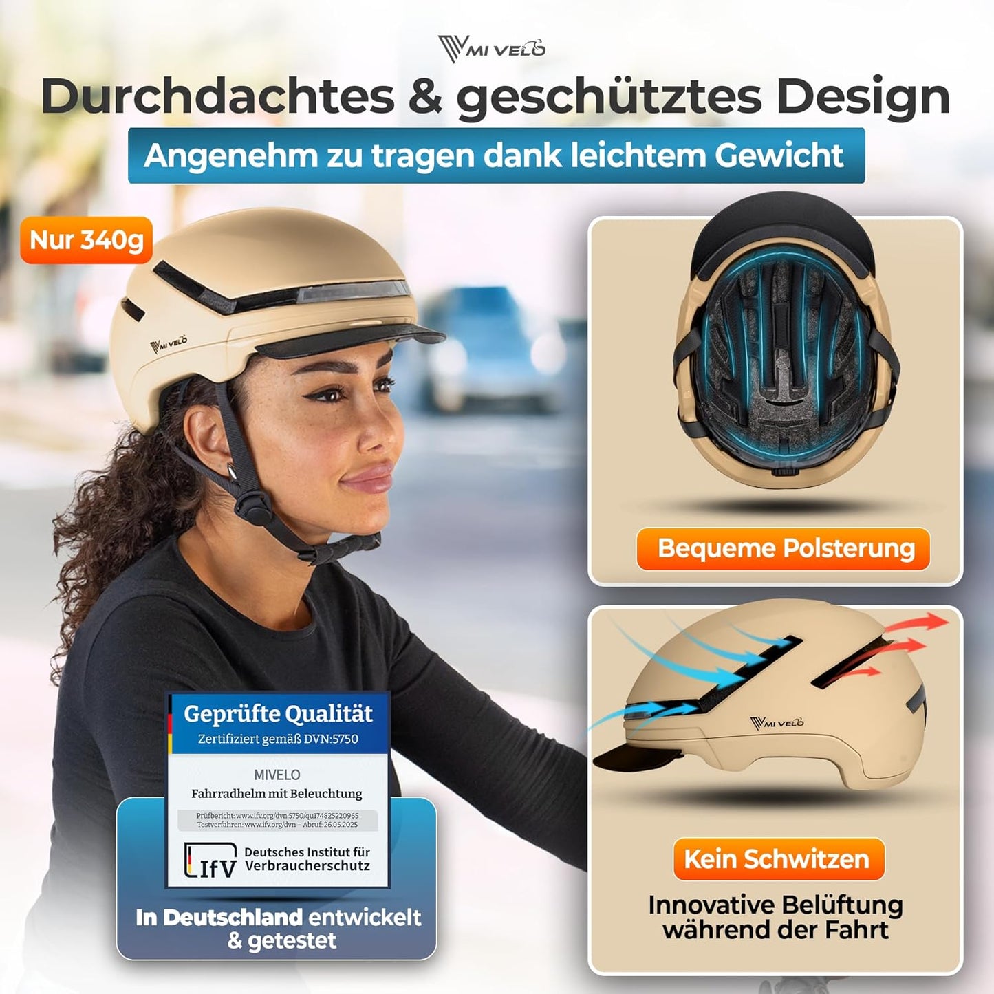 Mivelo Unisex-Radhelm NOVA - Mit Licht - NTA-zertifiziert bis zu 45km/h - Beige - Größe M (54-58 cm)