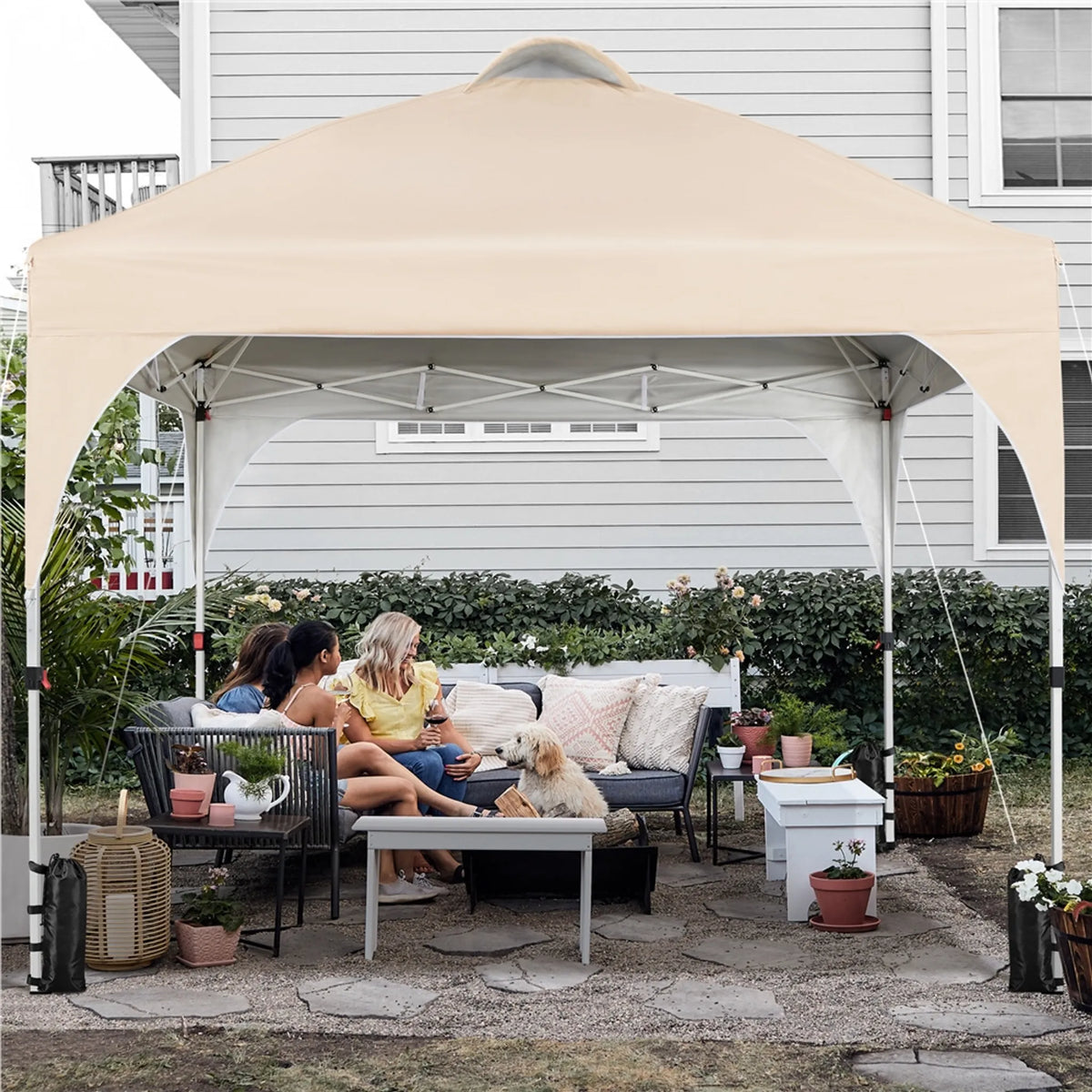 Yaheetech Pop-up-Pavillon 3 × 3 m, höhenverstellbar, mit Rolltasche, Sandsäcken und Heringen, beige