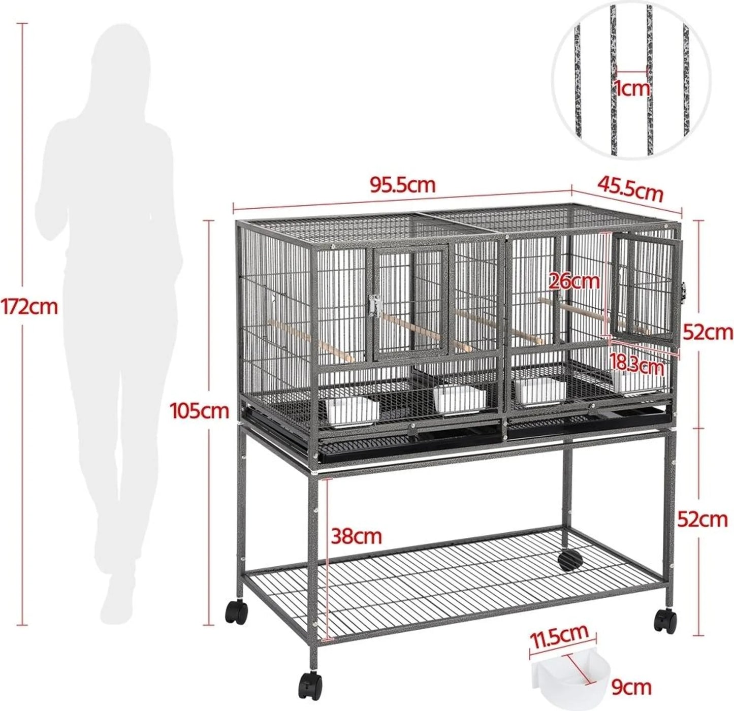 Yaheetech Vogelkäfig mit Trennwand - mit abnehmbarem Ständer und vier Sitzstangen und Aufbewahrung - für Kanarienvögel und Sittiche - schwarz lackiertes Metall und Holz - 95,5 x 45,5 x 105 cm