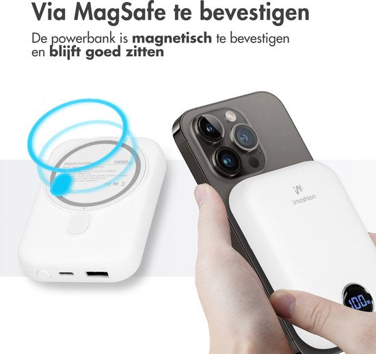 imoshion Powerbank 10000 mAh - Geeignet für MagSafe - Schnellladegerät 22,5W - LED-Anzeige - USB C & USB A - Wireless Powerbank Geeignet für iPhone 12/13/14/15/16 - Weiß