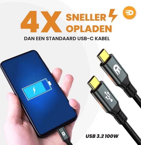 Drivv. USB C Kabel zu USB C 3.2 - 100w Schnellladegerät - 4K 60Hz - 20GBs - 3 Meter - Geeignet für Samsung, Macbook, iPhone 15 & mehr - Nylon - Grau