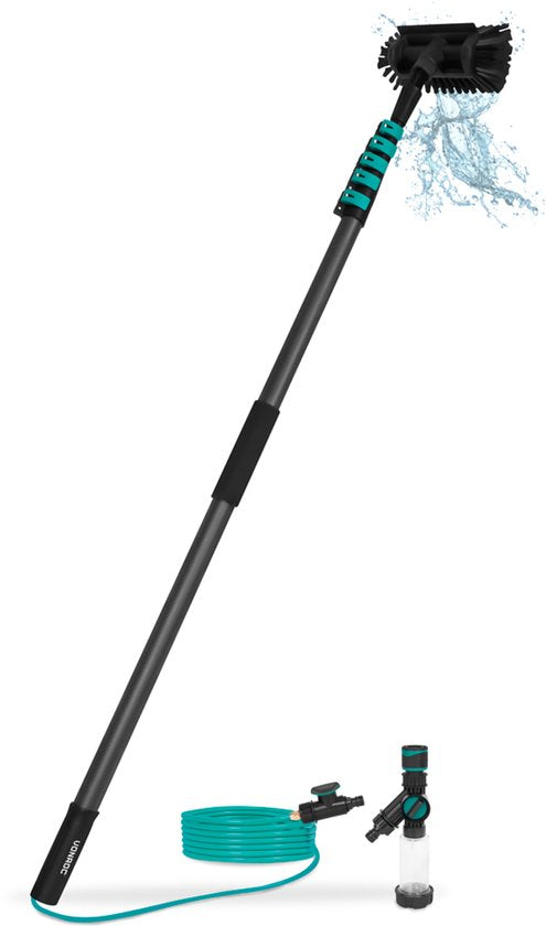 VONROC 3K Vollkohle-Teleskop-Waschbürste - 7,5 Meter - Inkl. 5-stufigem Bürstenkopf - 11m Wasserschlauch und Seifenspender