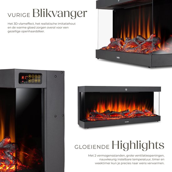 tectake® Wandkamin - Elektrokamin - Atmosphärischer Kamin - 900W & 1800W - Steuerung per Fernbedienung oder App - mit Thermostat - Ofen - mit Heizung - Kamine - mit Holz- und Glüheffekten - 3D Flammen - Timer - 9 Farboptionen