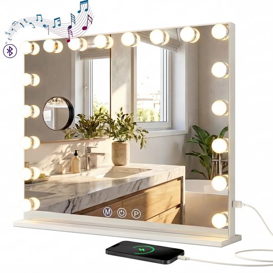 Bayt Hollywood-Spiegel – Make-up-Spiegel – Spiegel – Hollywood-Spiegel 80 x 60 – Dimmbar – 10-fache Vergrößerung – Mit Beleuchtung und Bluetooth – USB-Anschluss – 80 x 60 – Weiß